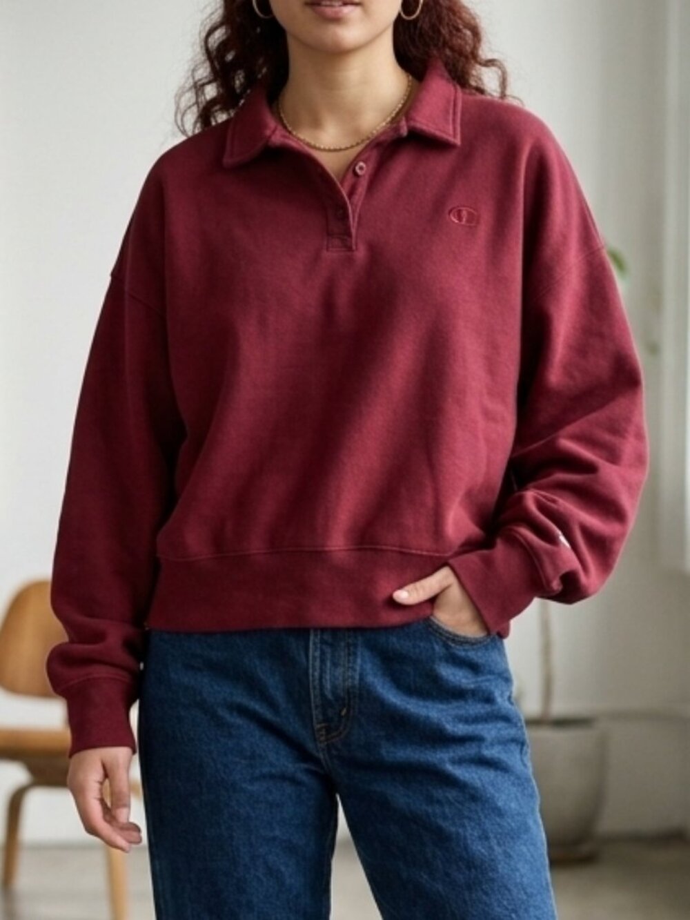 Champion Women's Burgundy Polo Collared Fleece Collared Sweatshirt Size M